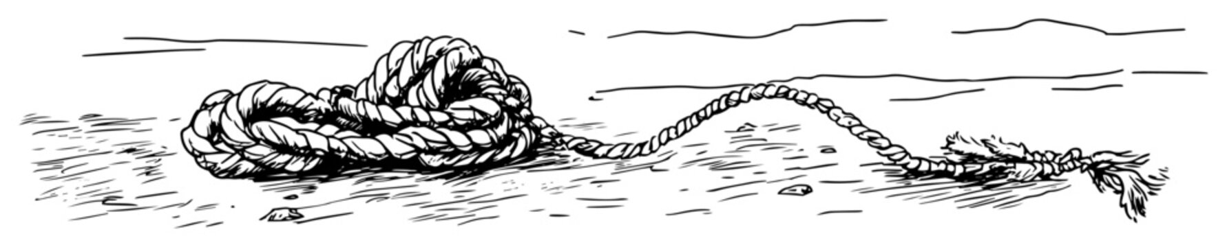 nautical rope in knot on beach shore hand drawn in vintage style