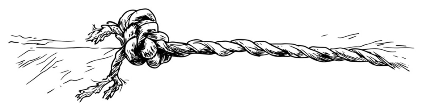 twisted rope with knot and frayed ends hand drawn in sketch style