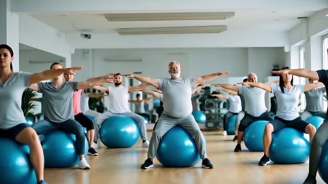 Education training class. Knowledge learning improvement study. A group of people in a gym, seated on exercise balls with their arms outstretched. The gym has a wall with a window to the right.
