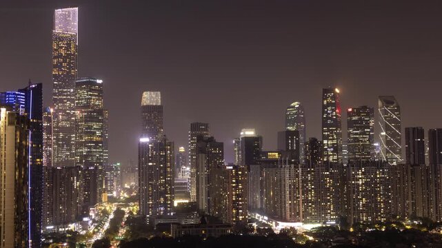 guangzhou skyline timelpase from high view point at night