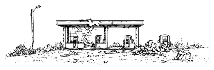 Obraz premium deserted gas station in apocalyptic environment with broken pumps