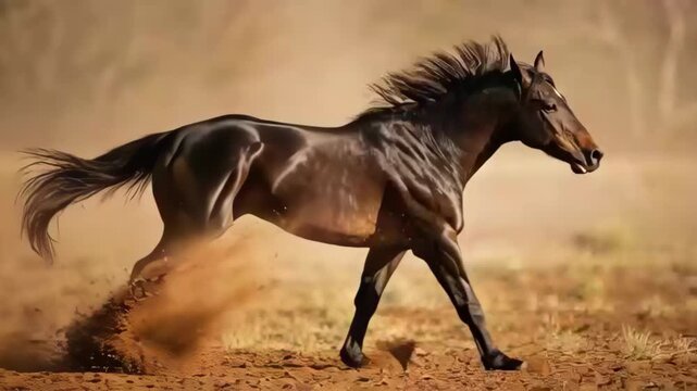 Majestic black stallion running through dusty field with dynamic motion and energy