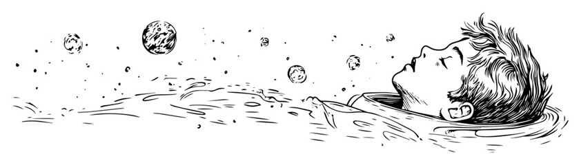 boy floating in space water surrounded by planets © Kaz