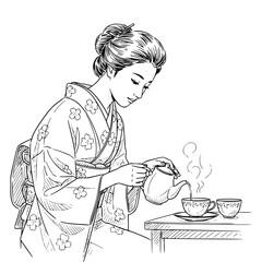 Japanese woman pouring tea into porcelain cups in traditional kimono, isolated vector image on a transparent background, pencil drawing
 