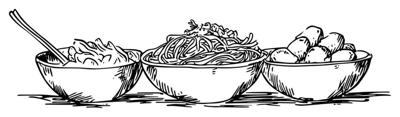 hand drawn bowls with asian food sketch illustration