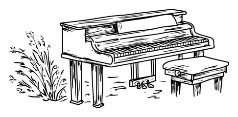 hand drawn upright piano with stool sketch © Kaz