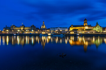Dresden city skyline at night over Elbe river, Saxony, Germany