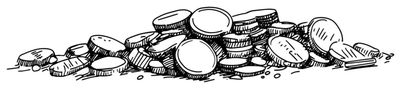 hand drawn pile of coins sketch illustration