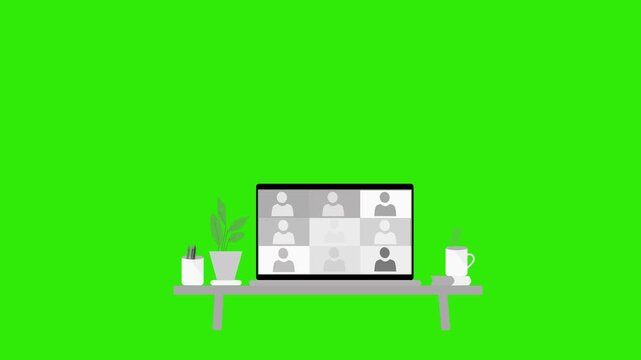 Animation of a virtual meeting on a laptop with a minimalist desk setup