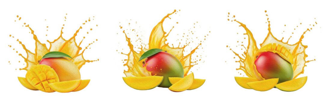 Fresh Haden mango with mango slices and tropical juice splash explosion isolated on white background, high speed liquid splash photography, Haden mango juice concept for beverages and packaging, Mangi