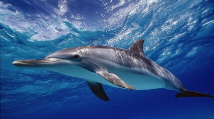 Fototapeta premium Dolphin Swims Diagonally Upward Under Water in Clear Ocean With Sunlight Shining Through Surface