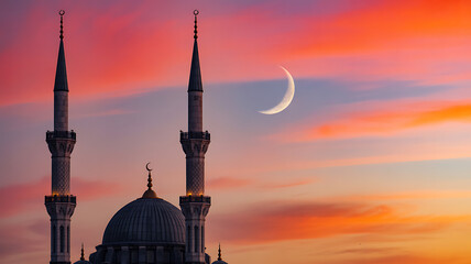 Fototapeta premium Mosque silhouette at sunset with crescent moon
