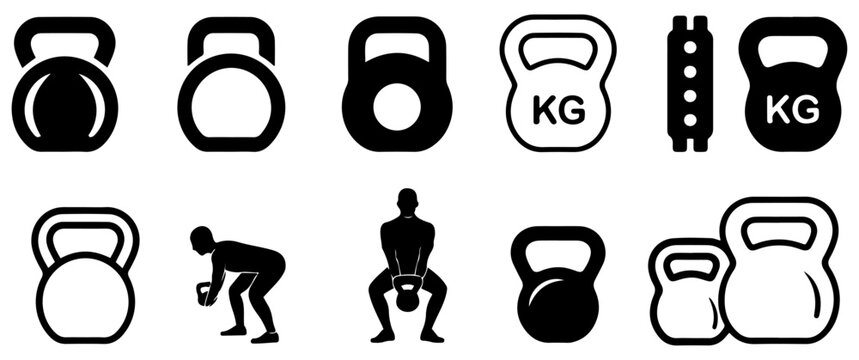 kettlebell fitness training line icon set
