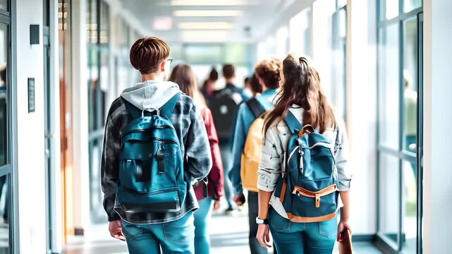 Education training class. Knowledge learning improvement study. A group of students walking down a hallway, each carrying a backpack. The hallway has glass doors on one side and a ceiling above.