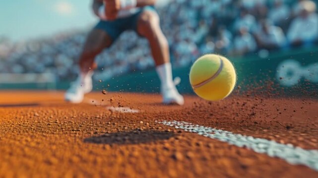 Large tennis. CLose up legs of player with tenis racket in action running and hitting a ball with a racket to the ball on the bluer sky background. Bottom view