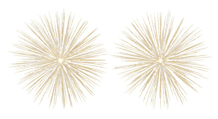 Obraz premium two vibrant, intricately detailed golden glitter fireworks bursts exploding, reflecting light on a pristine transparent background, captured with high-key studio lighting. Festive celebration