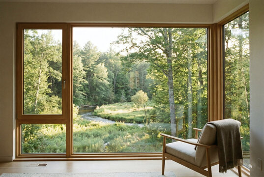 Modern armchair near large corner window with view of green forest and river