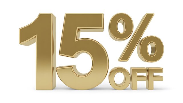 15% Off, Gold-colored text displaying a fifteen percent discount offer in a striking 3d format.