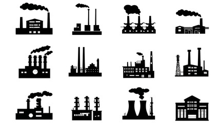 Obraz premium Industrial Factory Building Silhouettes Collection with Smoking Chimneys, Representing Pollution, Manufacturing, and Energy Production