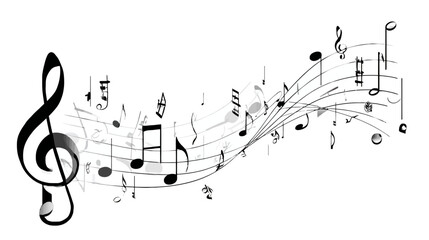 Dynamic black and white illustration of flowing musical notes and staves with a prominent treble clef, symbolizing music and harmony.