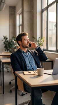 Entrepreneur Talking on Phone in Modern Coworking Space