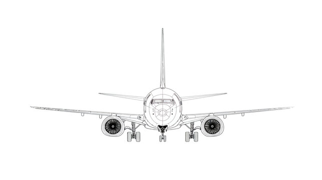 Front view outline drawing of a commercial passenger airplane. Detailed vector illustration of an aircraft for travel and transport.