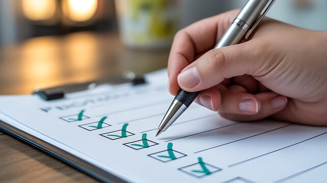 Close-up of a person checking off items on a printed checklist with a pen.
