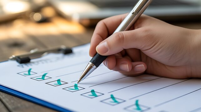 A person is filling out a checklist on a piece of paper with a pen.