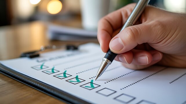 Person filling out a checklist with a pen on a clipboard