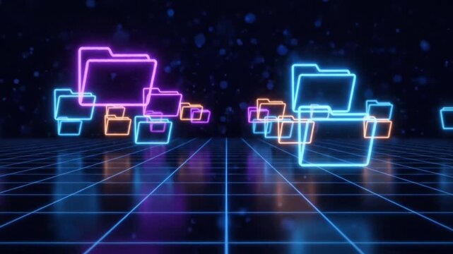 Futuristic neon folder icons on digital grid, glowing data storage and file management concept, synthwave aesthetic virtual server environment