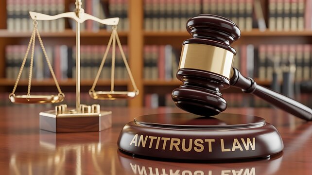 A gavel and scales of justice in front of a bookshelf labeled antitrust law
