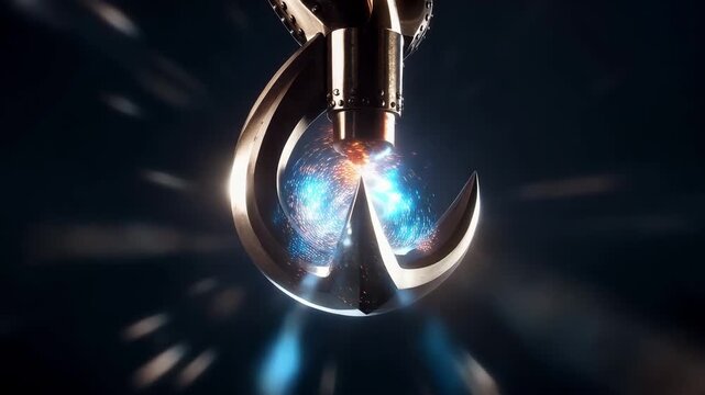 Robotic claw holding glowing blue metallic object with sparks on dark background with light reflections