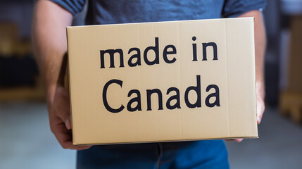 Man wearing a blue checkered shirt carries a cardboard box marked 'made in Canada' in a warehouse filled with shelves and packages