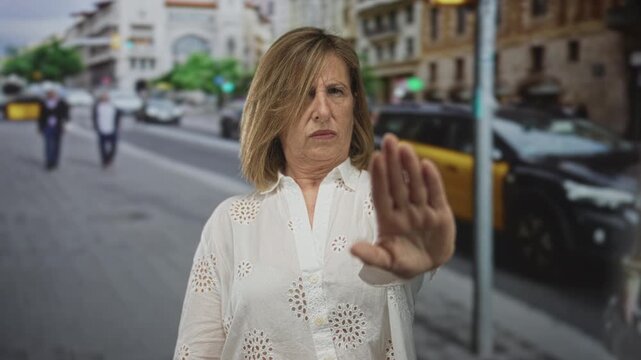 Woman in white eyelet blouse shields eyes with hand and holds palm forward on busy urban street; denial.