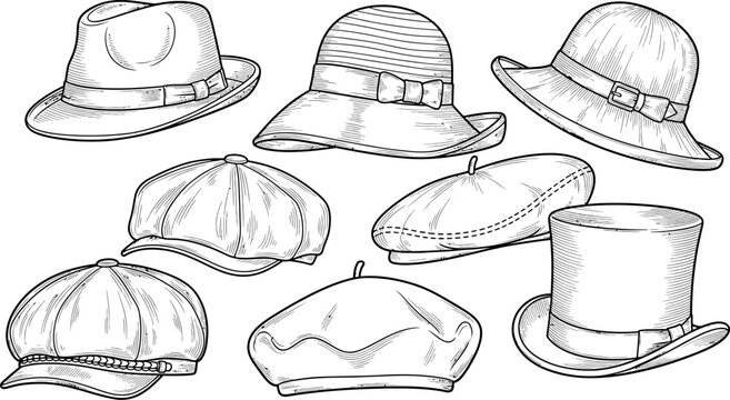 Collection of vintage and classic headwear styles depicted in detailed black and white engraving illustration featuring fedora cloche flat cap beret and top hat designs