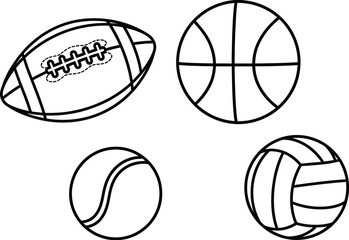 Fototapeta premium Collection of four distinct black outline sports balls including an American football a basketball a tennis ball and a volleyball perfect for coloring activities and athletic design concepts