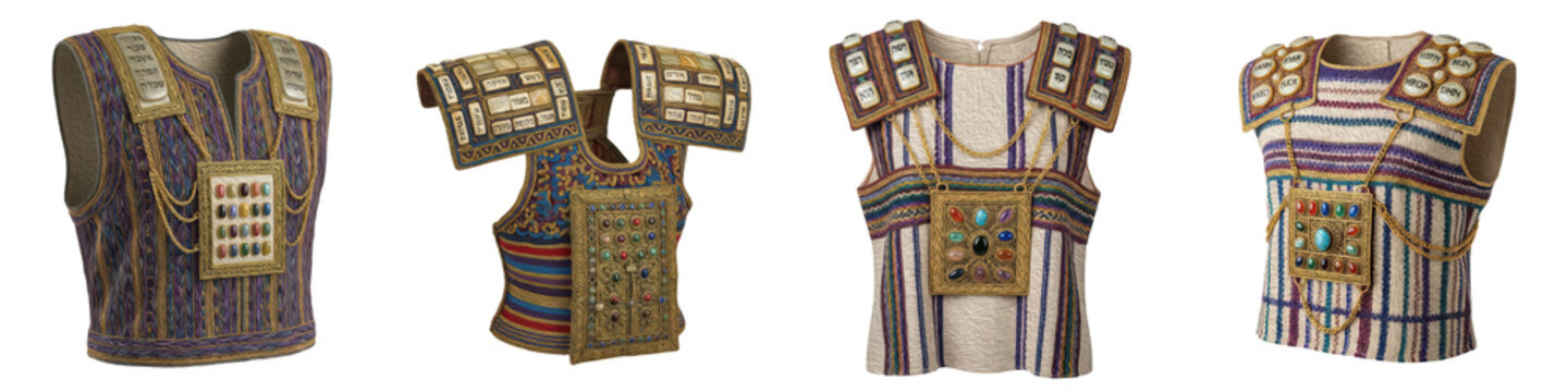 Set of Ancient Biblical High Priest Ephod and Breastplate of Judgment (Hoshen) with Twelve Gemstones, Sacred Jewish Priestly Vestment Religious Illustration, Detailed Temple Garment, Isolated on White