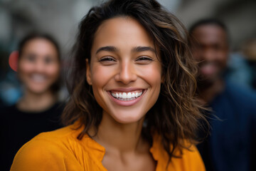 Fototapeta premium Smiling woman in yellow top with friends in city setting