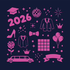 Prom Class of 2026 Celebration Icon Set, Graduation Party Symbols Flat Vector Illustration © Palak