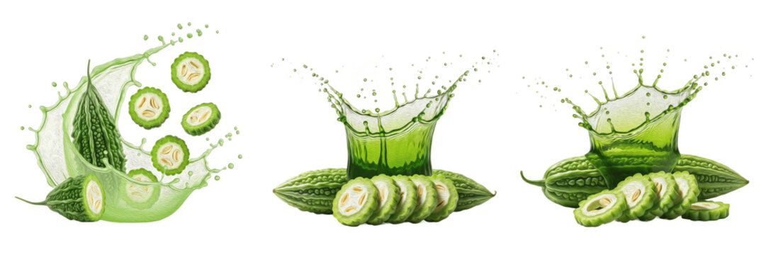 Fresh bitter melon with bitter melon slices and juice splash explosion isolated on white background, high speed liquid splash photography, bitter gourd juice concept for health drinks and packaging, M
