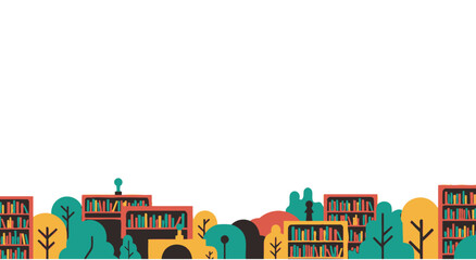 Stylized Bookshelves and Trees Border - Flat Illustration © Alienmarsh