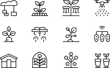 Fototapeta premium Smart Agriculture Technology Line Icons Set Farming Automation Irrigation Vector
