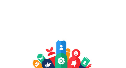 Colorful Icons and Symbols Collection on White Background with Copy Space