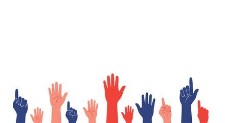 Raised hands in red, blue, and white against a white background, indicating participation and voting.