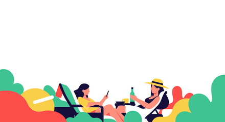 Obraz premium Two women relaxing on lounge chairs with drinks, surrounded by abstract shapes and plants.