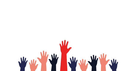 Diverse Hands Raised Up, One Red Hand Stands Out - Concept of Voting, Ideas, or Participation