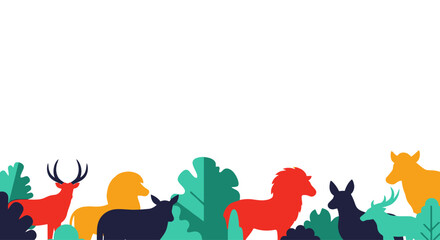 Obraz premium Colorful Animals and Plants Border - Flat Illustration with Copy Space