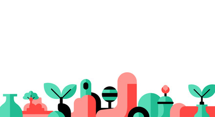 Abstract Minimalist Landscape with Plants and Geometric Shapes - Copy Space