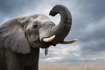 Majestic African Elephant with Raised Trunk Under Dramatic Stormy Sky &ndash; Powerful Wildlife Safari Nature Portrait