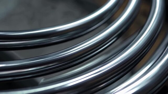 A moving camera focuses on stacked layers of curved chrome piping reflecting soft light, generating a cold, hard, geometric texture suitable for backgrounds.